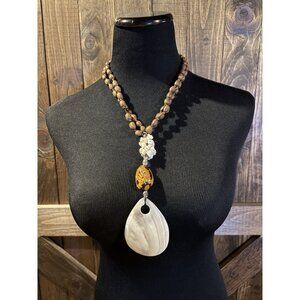 Vintage Handmade Beaded Necklace Large Mother Of Pearl Blister Pearl Pendant